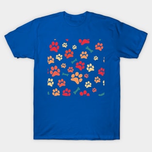 Dog Paw Prints and Bones Warm Colors Pattern T-Shirt